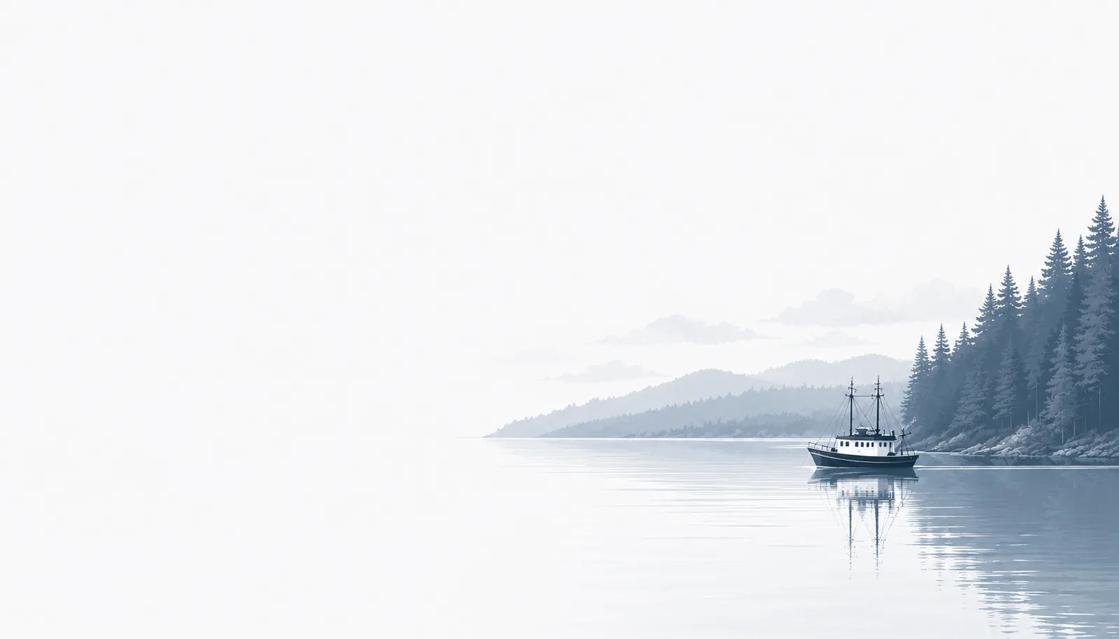 Misty morning on Grays Harbor with a fishing boat near the forested coastline